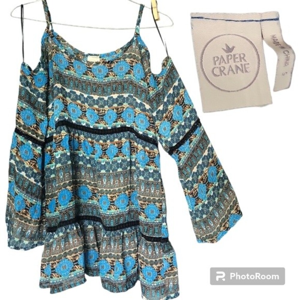Paper Crane Blue Print Cold Shoulder Top